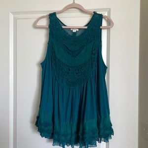 Crochet Look Dark Teal Tank with See Through Mesh Back